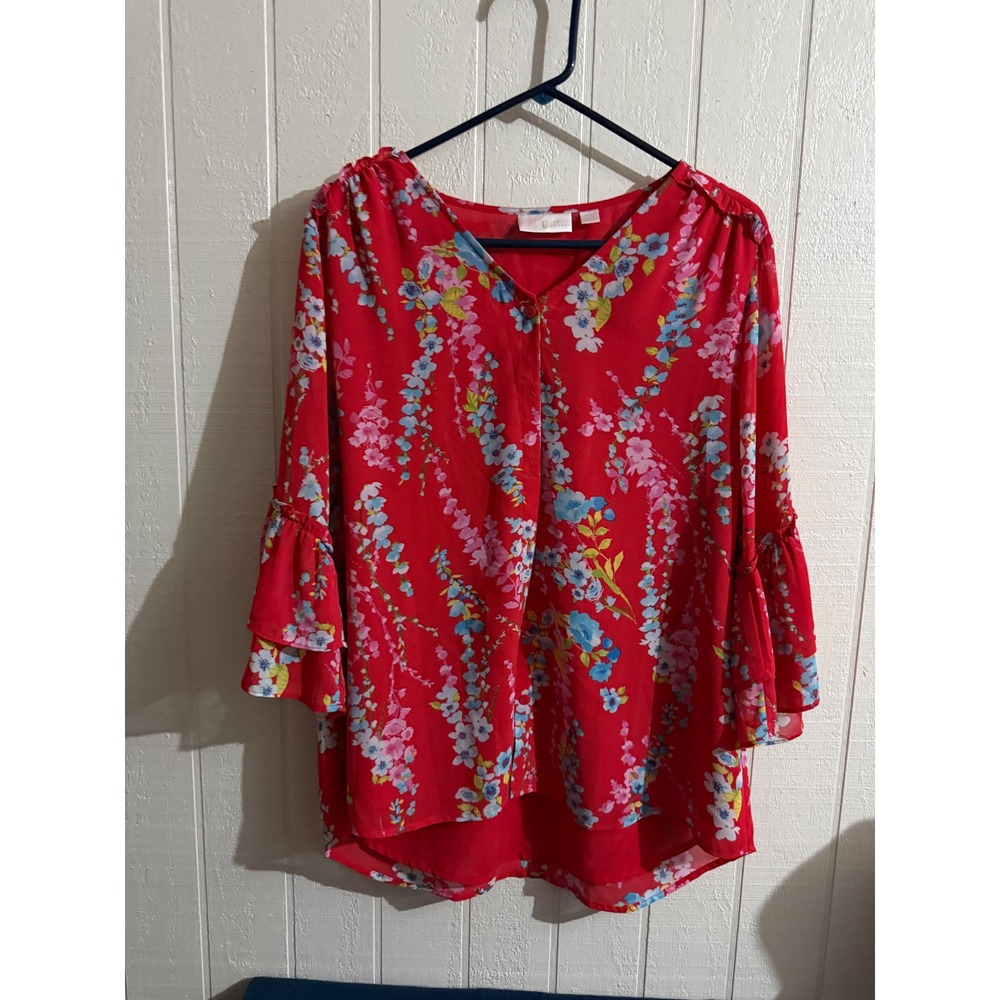 Belle by Kim Gravel Red Floral V-Neck Blouse 3/4 Tiered Ruffle Bell Sleeve M